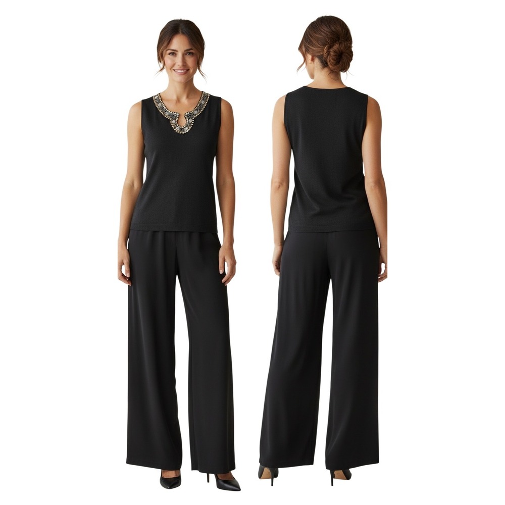 Chicos Black Sleeveless Knit‎ Shell Top Embellished Sequin Neckline Large. Party